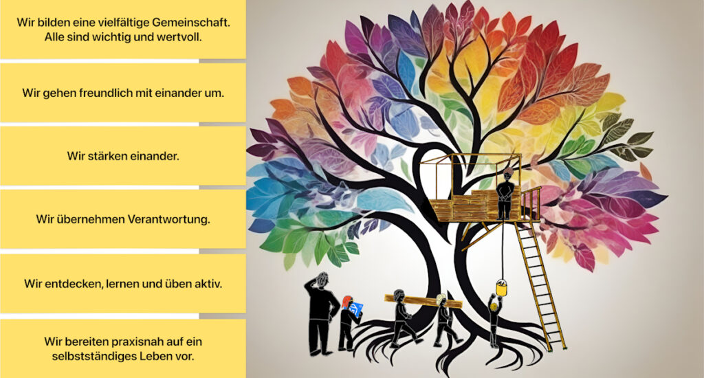 Grafisches Leitbild der Lorenz-Fries-Schule als Baum mit Baumhaus
